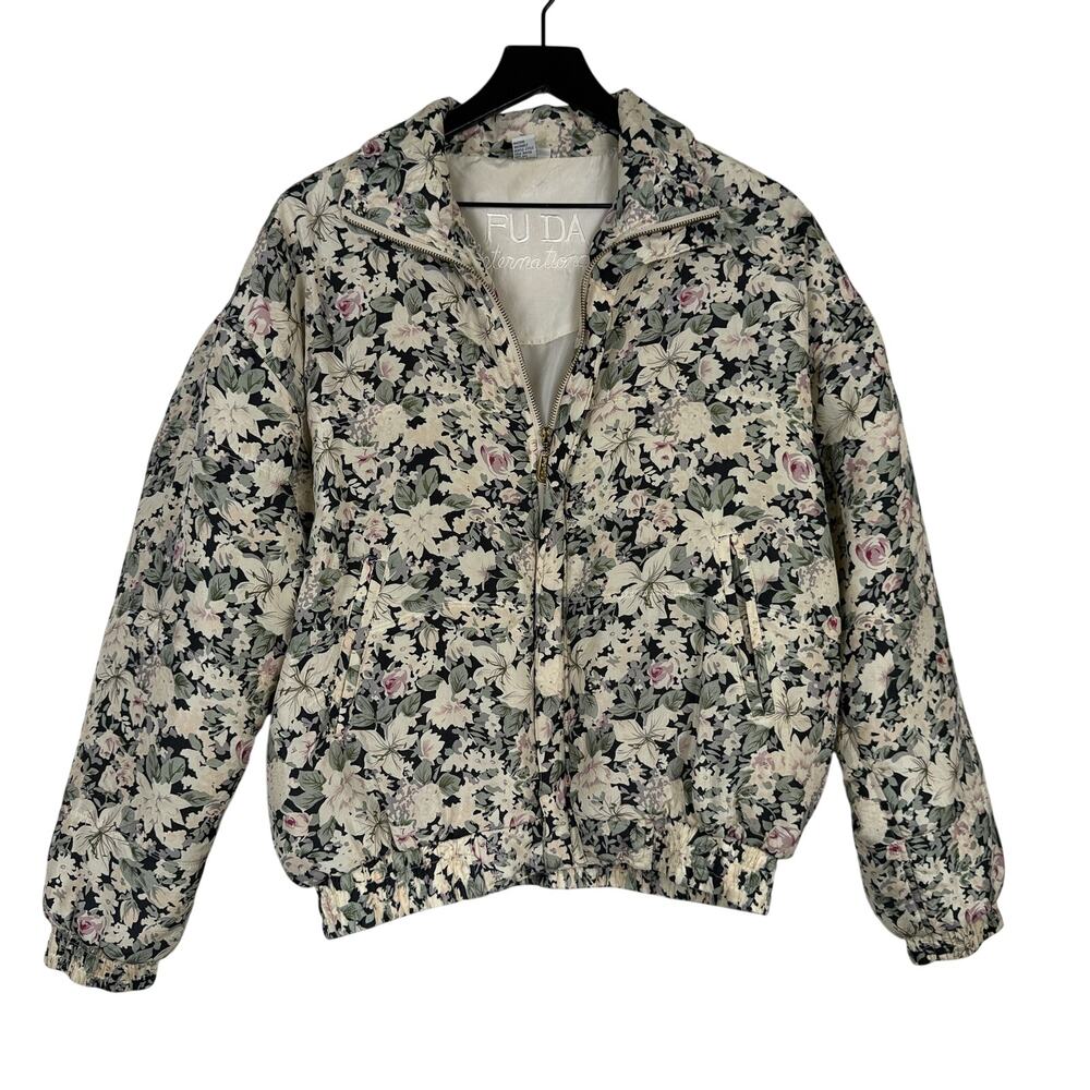 Vtg FUDA International 100% Silk Floral Puffer Bomber Jacket Cream Green - S